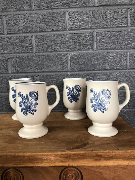 Pfaltzgraff Footed Coffee Mugs Cups Blue And White Etsy