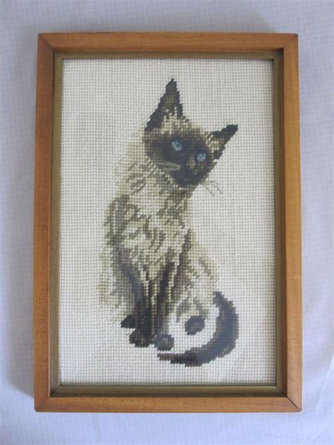 Completed Needlepoint Siamese Cat Kitty Framed Siamese Cats Cat