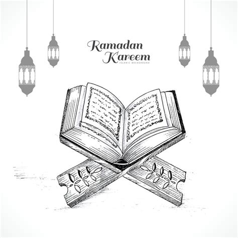 Hand Drawn Sketch Of Holy Book Of The Koran On The Stand Ramadan Kareem