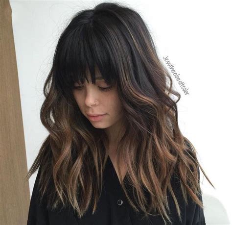 Black Hair With Bangs And Some Ombré With Beach Waves ️ In 2020