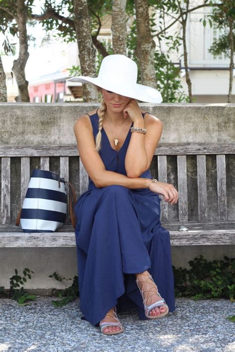 Blue Maxi Dress White Straw Hat Striped Tote Beach Look Outfits
