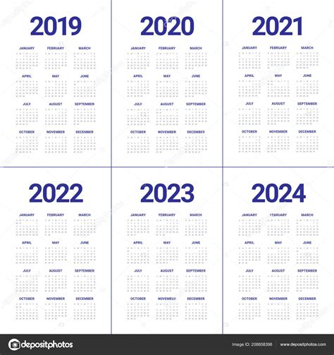 Year 2019 2020 2021 2022 2023 2024 Calendar Vector Design — Stock