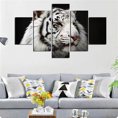 5 Panels White Big Tiger Printed Canvas Painting Living Room Animl Wall