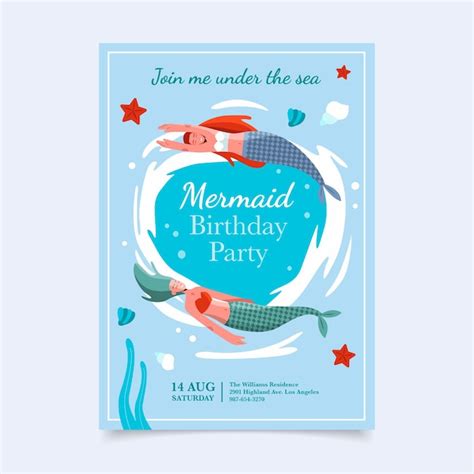 Free Vector Flat Mermaid Birthday Invitation Template
