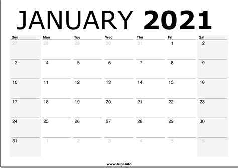 Download Calendar January 2021 Free January 2021 Calendar Printable