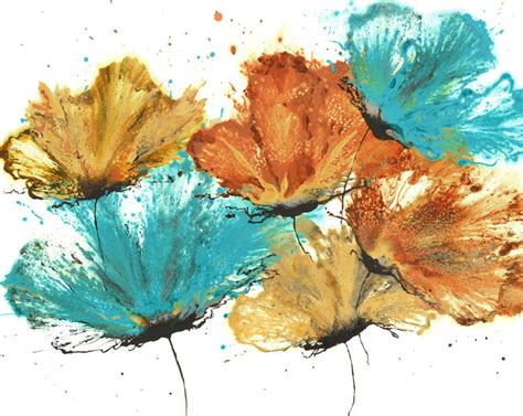 Abstract Flower Art Teal Orange Yellow Floral On Paper 16