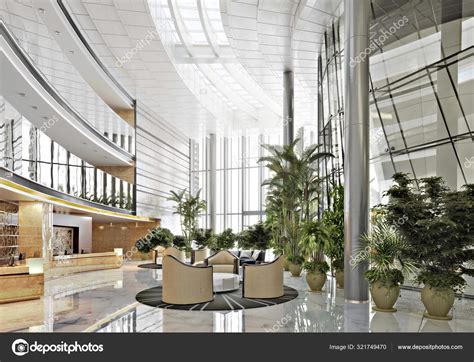 Large Open Concept Contemporary Atrium Style Resort Lobby Interior