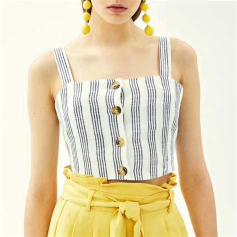 Fashion Women Camis Tops White Sexy Cotton Linen Sleeveless Tanks Button Striped Print Camisole