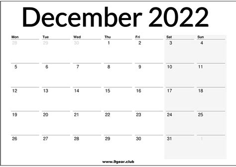 Blank Calendar Template December 2022 Printable