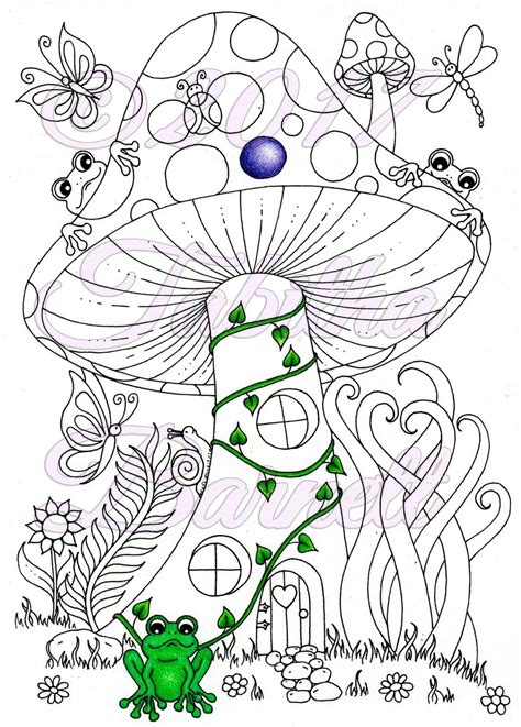 Help them take their imagination to a new level! Fairy Mushroom House Adult Coloring Page JPG - Tabby's ...