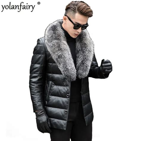 Yolanfairy Genuine Leather Jacket Men Duck Down Warm Winter Coat Fox Fur Collar Plus Size Top