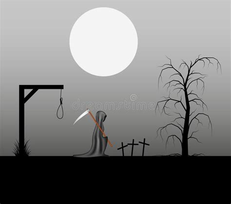 Spooky Background With Grim Reaper With Scythe In A Cemetery Stock
