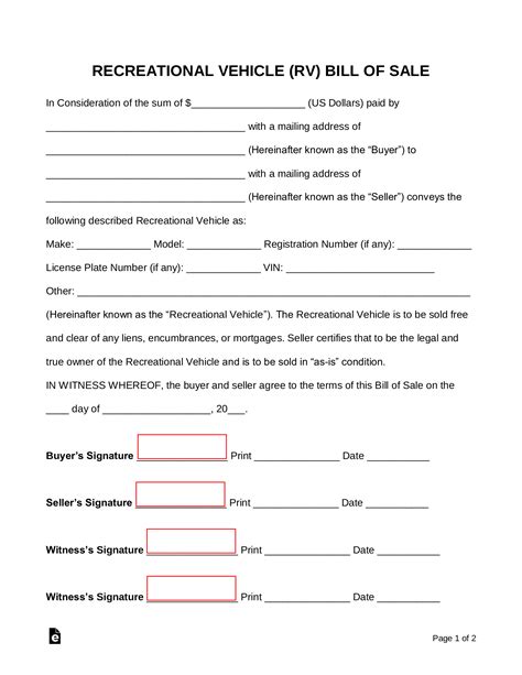 Free Recreational Vehicle Rv Bill Of Sale Form Word Pdf Eforms