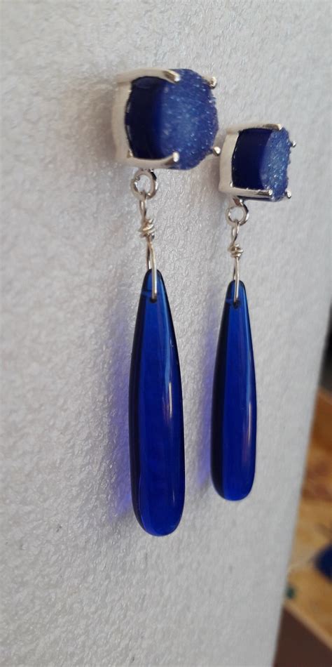 Blue Quartz Earrings Long Blue Drop Earrings Cobalt Blue Etsy