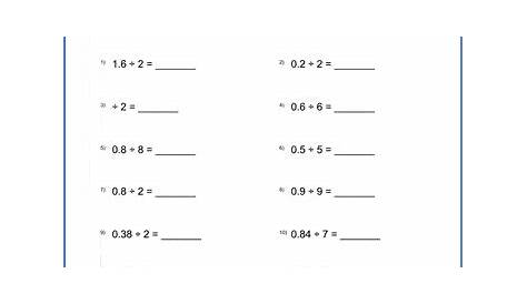 Grade 5 Math Worksheets: Dividing 2-digit decimals by whole numbers