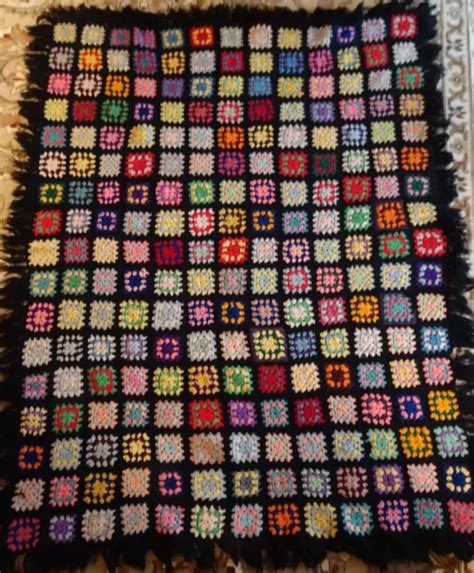 Crochet Afghan Granny Square Blanket Throw X Black Multicolor