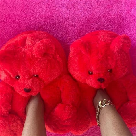 Red Teddy Bear Slippers Adults Warm Plush House Shoes