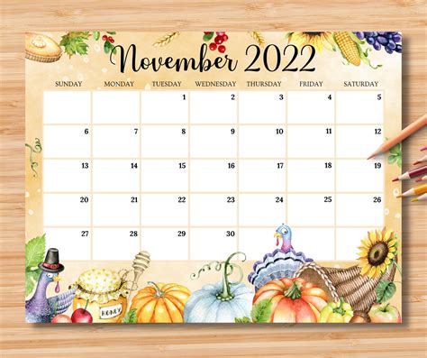Editable November 2022 Calendar Happy Thanksgiving Planner W Turkey