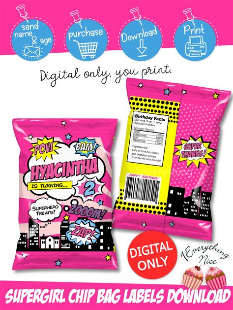 Digital Download Super Hero Super Girl Theme Chip Bag Labels Printable