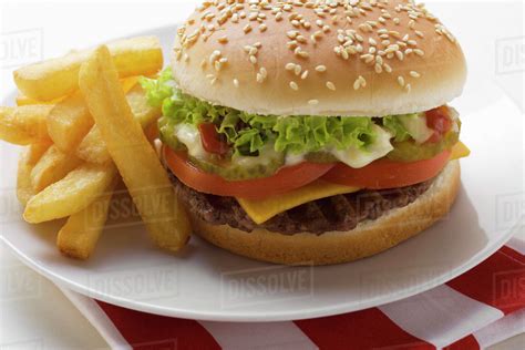 Cheeseburger And Fries On A Plate Stock Photo Dissolve