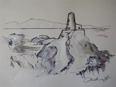 Original Pen And Ink Wash Drawing Of Ty Mawr Lighthouse Llanddwyn Island