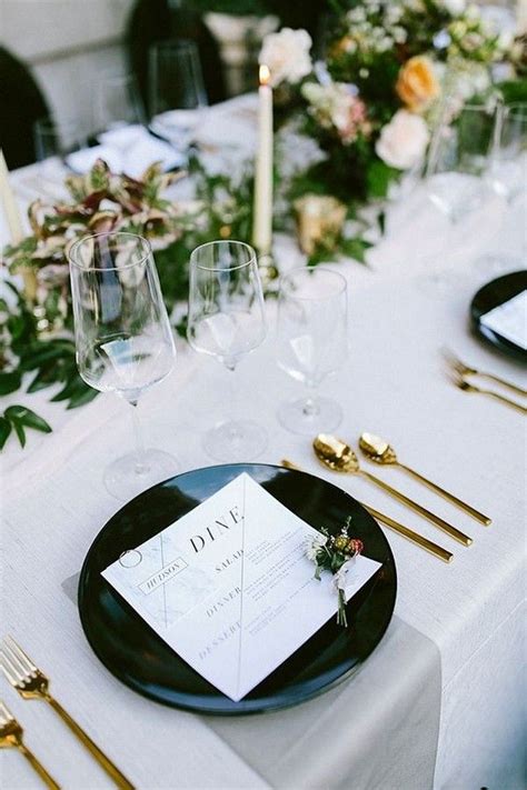 Black White And Gold Wedding Table Setting Deer Pearl Flowers