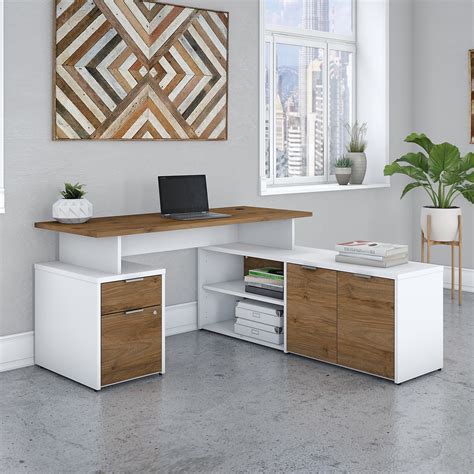 60w L Shaped Desk With Drawers In White And Fresh Walnut In Brown By Bush