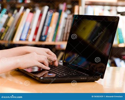 Closeup Hands Typing On Notebook In Library Stock Image Image Of