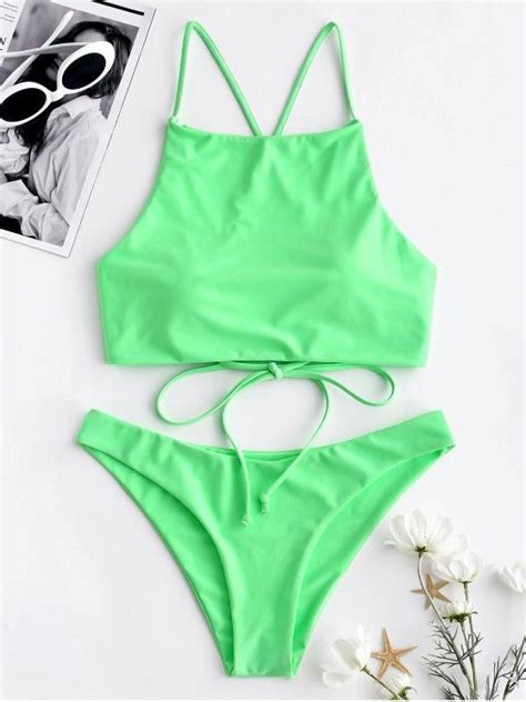 18 Off 2021 Zaful Neon High Neck Bikini Set In Algae Green Zaful