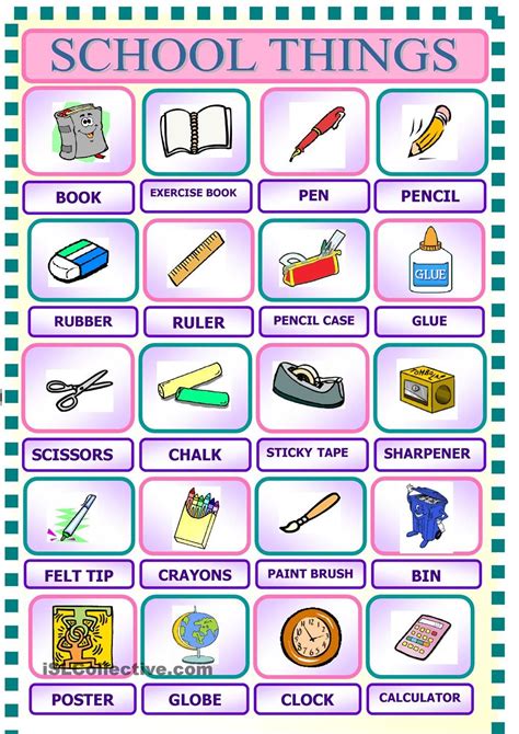 School Thing Pictionary With Images School Worksheets English