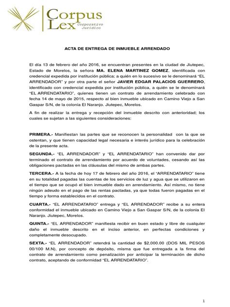 Acta De Entrega De Inmueble Arrendado Alquiler Gobierno