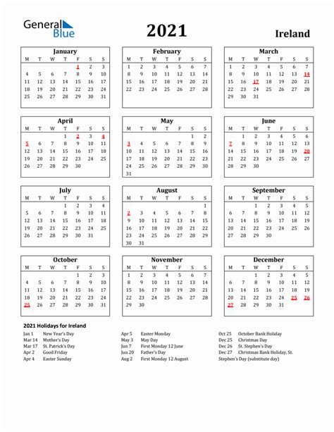 Free Printable 2021 Ireland Holiday Calendar