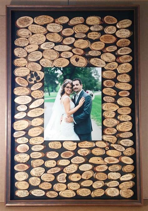 Wedding Signature Frame Ideas Wooden Pieces Signed With Center Photo And A Rustic Brown Frame