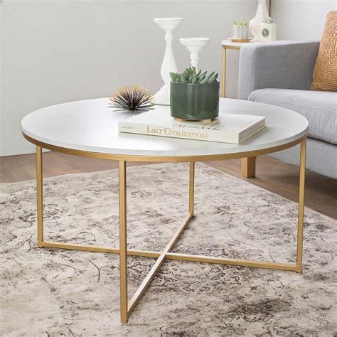 Modern Round White Faux Marble Coffee Table With Gold Base White Faux