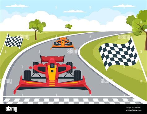 Formula Racing Sport Car Reach on Race Circuit the Finish Line Cartoon