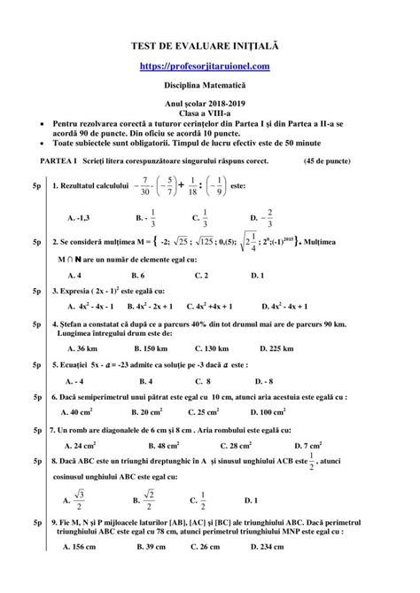 Test Initial Matematica Clasa A 8 A Rezolvare Barem De