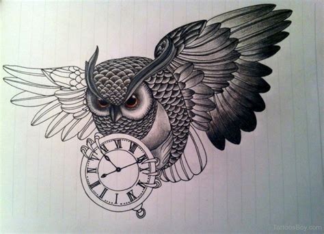 Black Ink Flying Owl With Clock Tattoo Design By Elisaveta