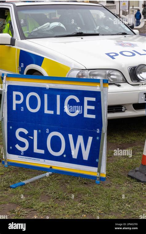 April 2023 Classic Police Display With Police Slow Signs At The Pageant Of Motoring On The