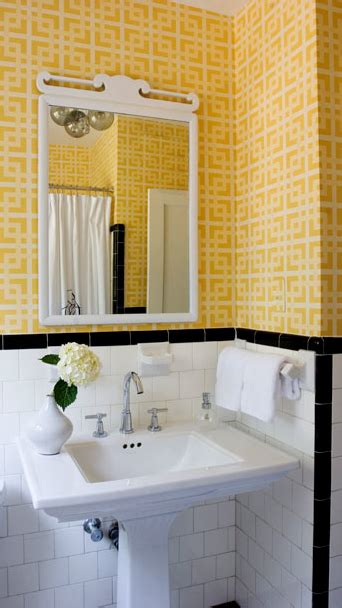 Yellow adds a bit of cheerfulness to a bath, whether it's a pastel shade for a more casual look or a golden tone for a sophisticated style. Yellow Geometric Wallpaper - Transitional - bathroom ...