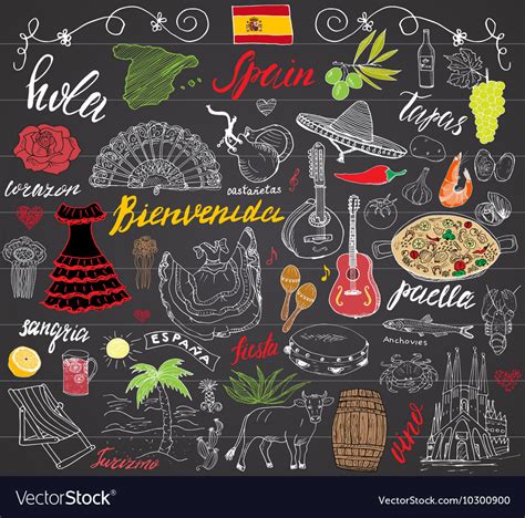 Spain Doodles Elements Hand Drawn Set With Spanish