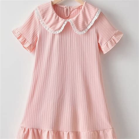 Girls Casual Cute Lapel Ribbed Ruffled Dress For Summer Kids Clothes