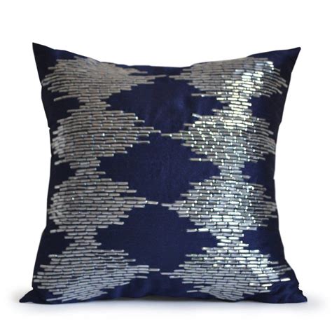 Navy Blue Silver Ikat Throw Pillow Cover Silk Throw Pillows Silver