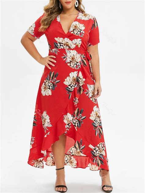 47 OFF Floral Ruffles Wrap Maxi Plus Size Dress Rosegal