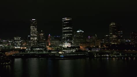 5 7k stock footage aerial video orbit lakefront museum and skyline at night downtown milwaukee
