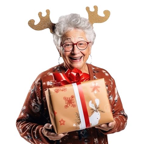 Grandma Wearing Deer Christmas Hat Christmas Presents In Hands Old