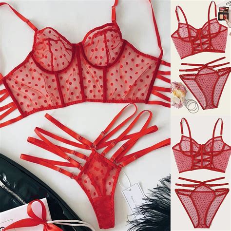 bras sets 2021 women sexy lingerie red dot corset lace underwire racy muslin sleepwear underwear