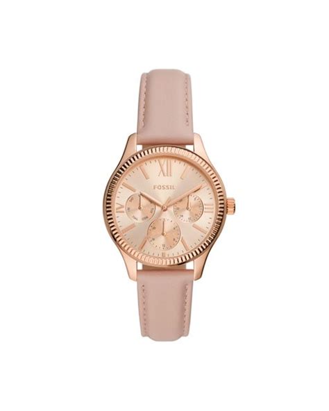 Fossil Leather Rye Multifunction Rose Gold Tone Alloy Watch In Nude