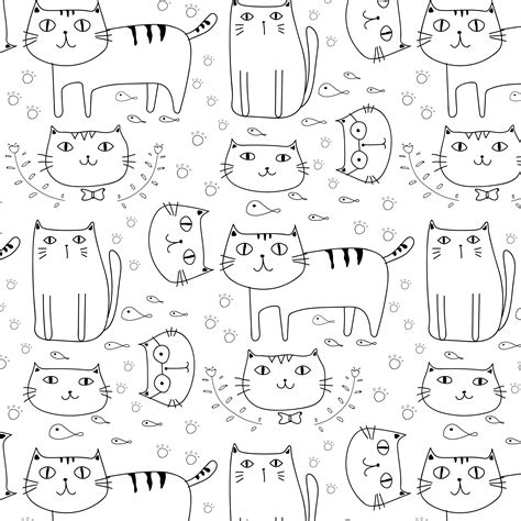 Hand Drawn Cats Vector Pattern Background Doodle Funny Handmade