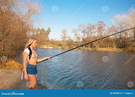 Topless Girl Fishing At The River Stock Image Image Of Sunset
