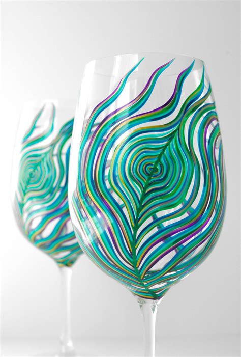 Peacock Feather Wine Glasses Set Of 2 Hand Painted Peacock Etsy